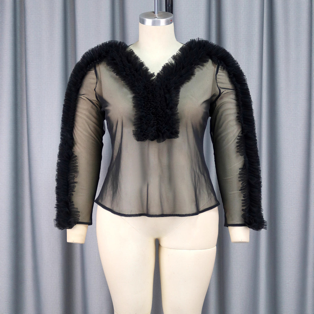 Damen transparente Bluse mit voluminösen Rüschen Drune