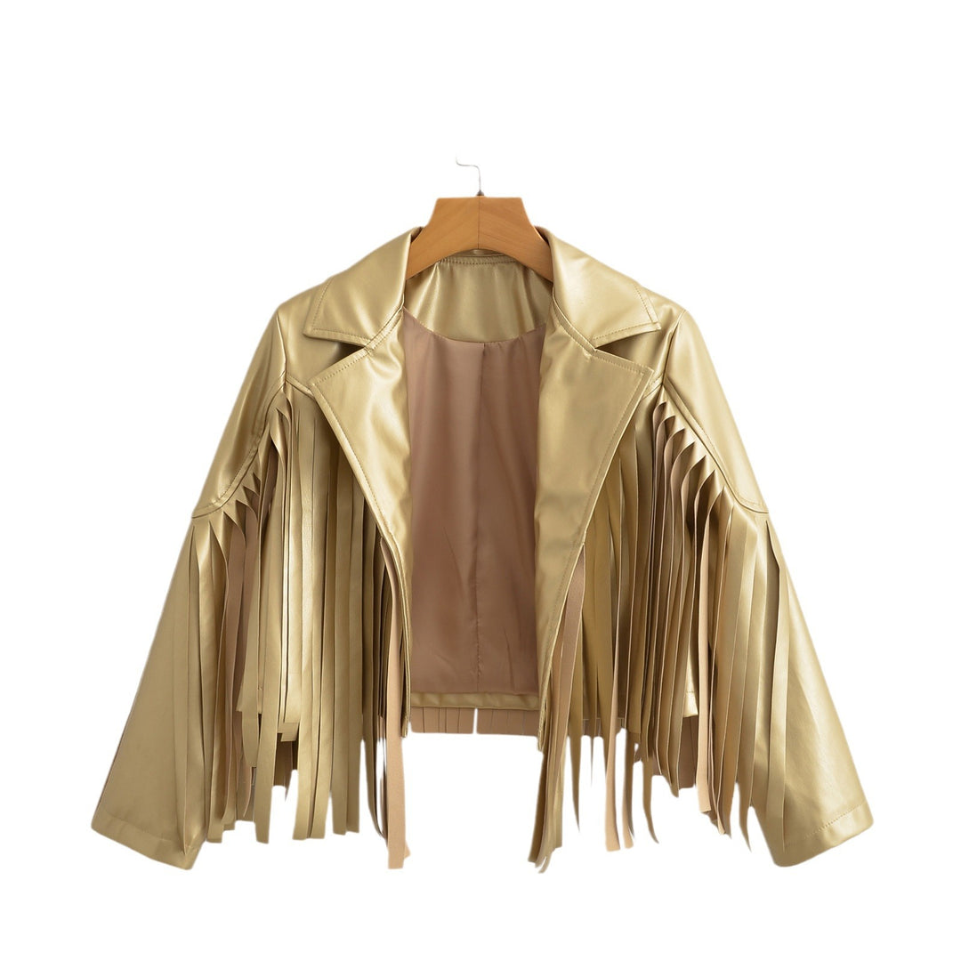Damen Kurzjacke im Bikerstil mit Metallic‑Optik und langen Lederfransen Drune