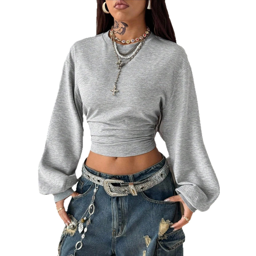 Damen Cropped Sweatshirt mit Taillenraffung und weiten Raglanärmeln Drune