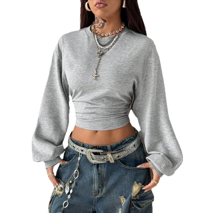Damen Cropped Sweatshirt mit Taillenraffung und weiten Raglanärmeln Drune