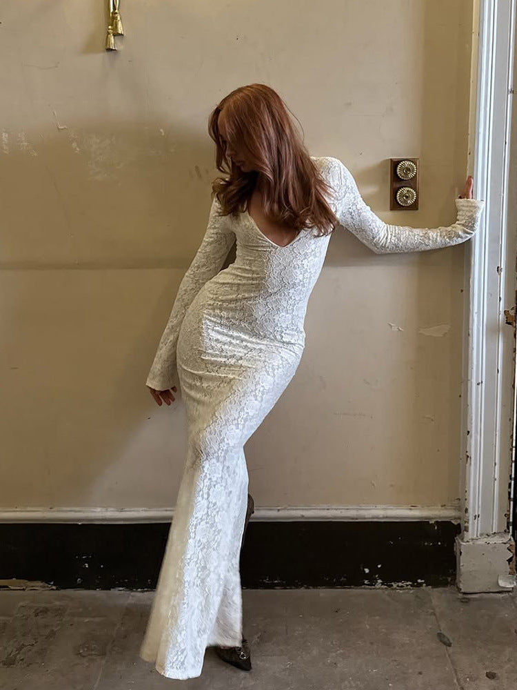 Damen Körperbetontes Spitzen-Mermaid-Maxikleid mit tiefem V-Ausschnitt und langen Glockenärmeln Drune