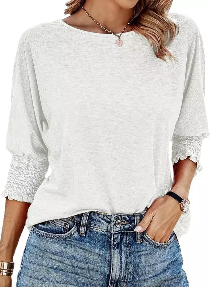 Damen lässiges T-Shirt mit voluminösen Puffärmeln und elastischem Bund Drune