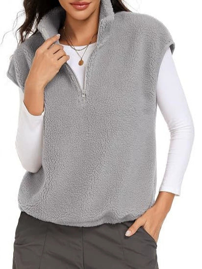 Damen Ärmellose Teddy-Fleece-Weste mit halbem Reißverschluss und Stehkragen Drune