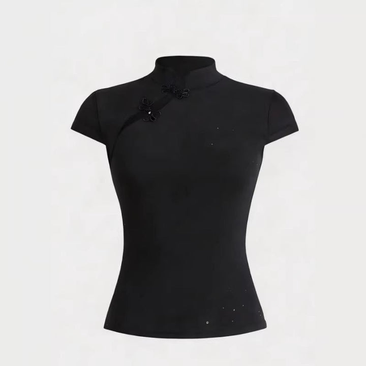 Damen Chinesisch inspirierte Bluse mit modernem Stehkragen und floralen Details Drune