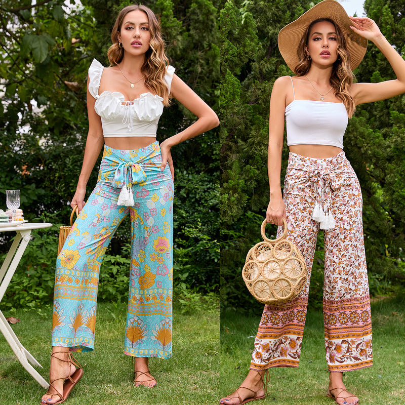 Damen Palazzo-Hose mit floralem Muster und modischem Taillengürtel Drune