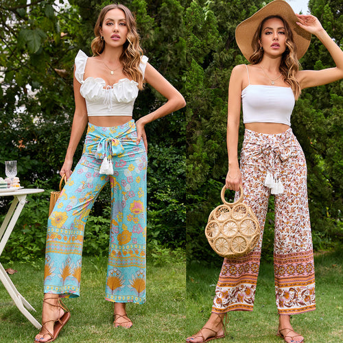 Damen Palazzo-Hose mit floralem Muster und modischem Taillengürtel Drune
