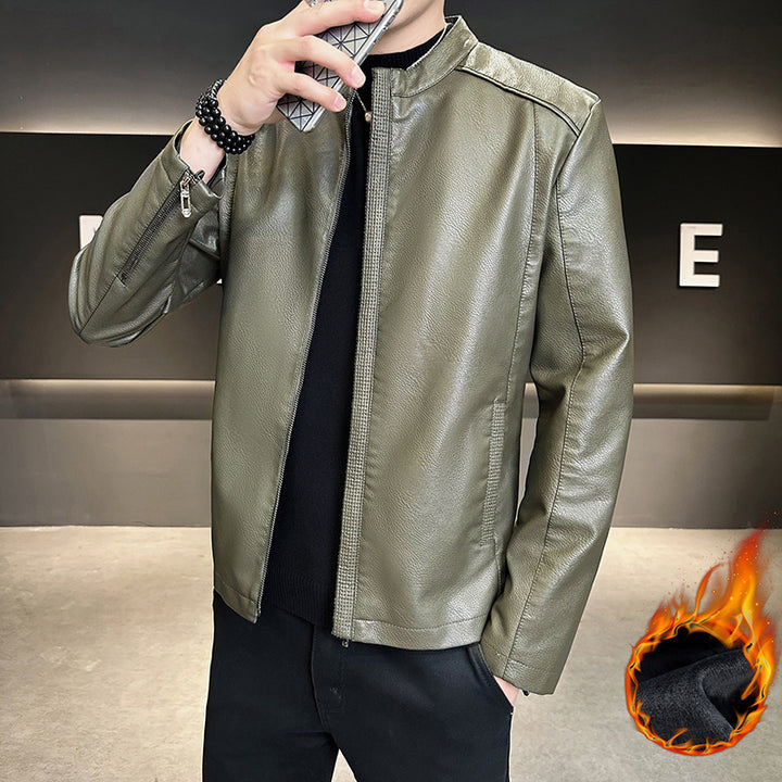 Herren Modische Kunstlederjacke mit hohem Kragen Drune