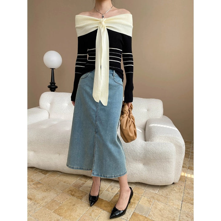 Damen elegantes Oberteil mit schickem Off-Shoulder Design und raffiniertem Bindegürtel Drune