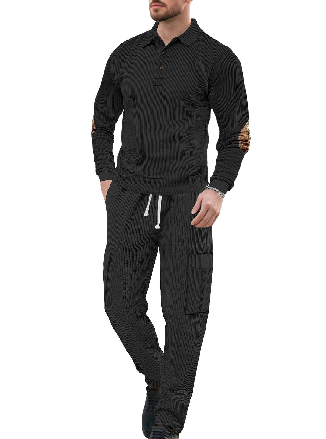 Herren nan geripptes Lounge-Set mit Polokragen Ellenbogenpatches und Cargohose Drune