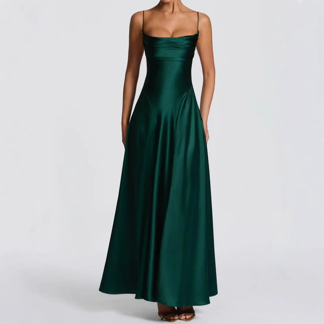 Damen Elegantes Maxi-Kleid mit fließendem Satin und verführerischem Spaghettiträger Drune