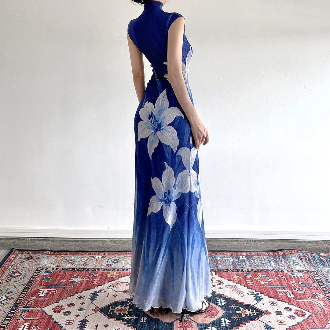 Damen Maxikleid mit floralem Design und elegantem Stehkragen Drune