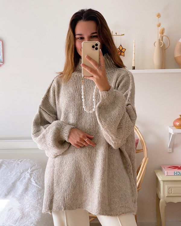 Damen oversized Strickpullover mit hohem Kragen und Ballonärmeln Drune