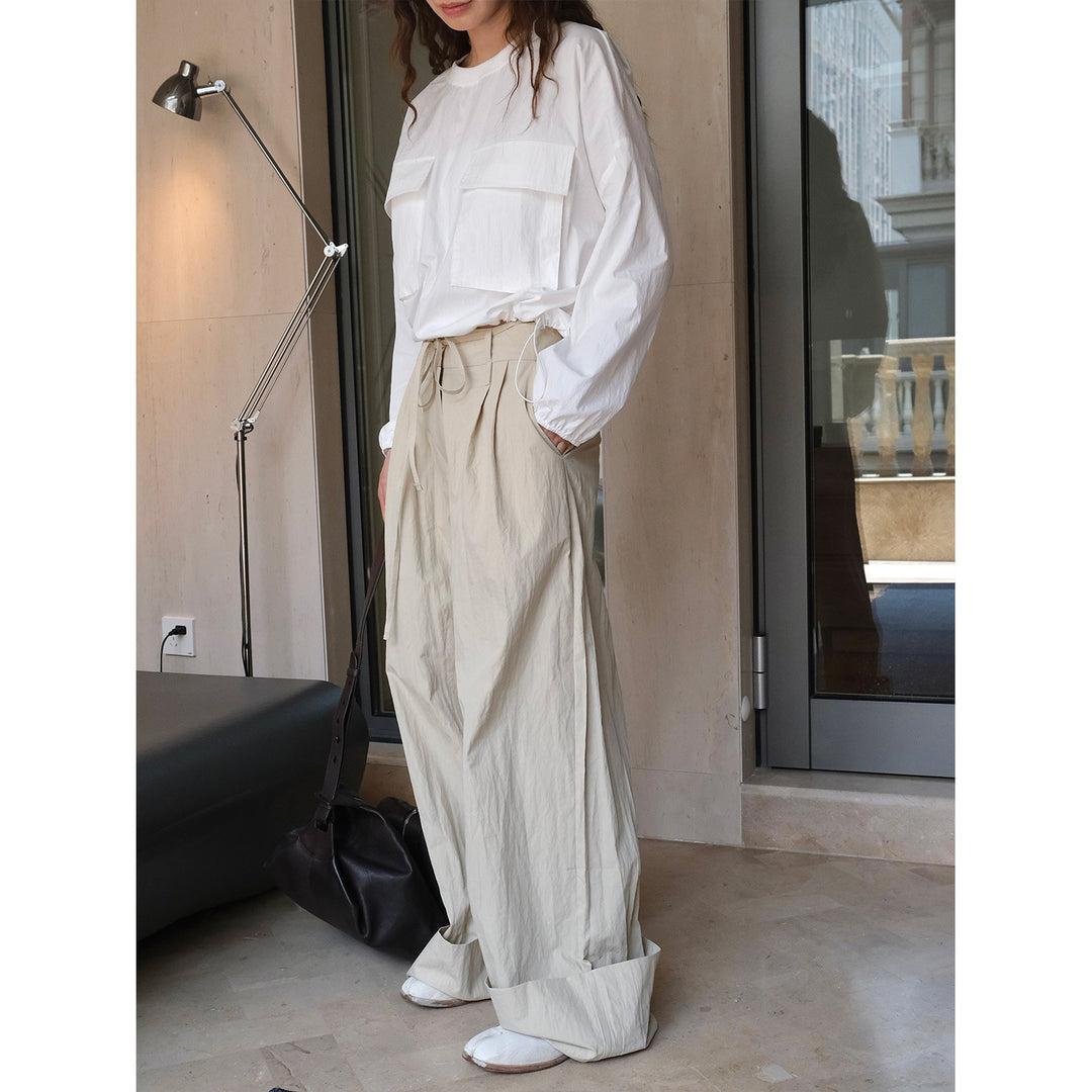 Damen Weite High‑Waist Palazzohose mit Tunnelzug, Bundfalten und extra weitem Bein Drune