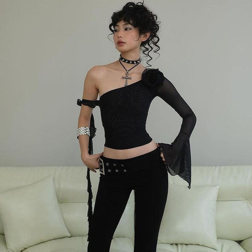 Damen Off-Shoulder Oberteil mit transparenten Ärmeln und dekorativen Akzenten Drune