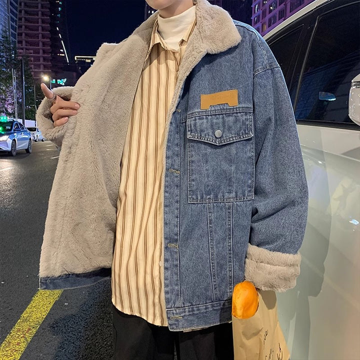 Herren Lässige Denimjacke mit Kunstfellkragen Drune