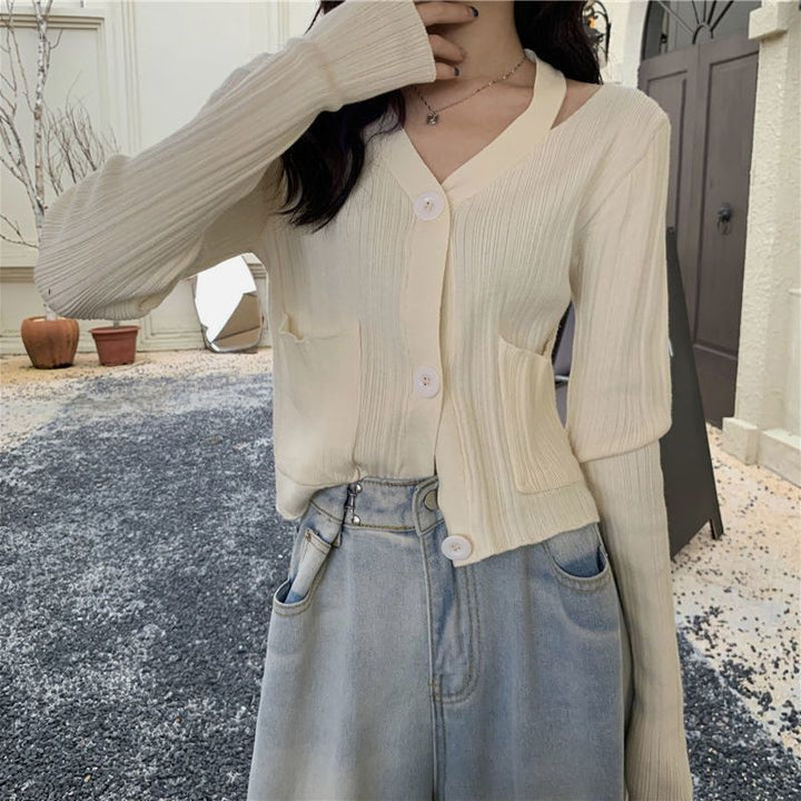 Damen Stilvolle Strickjacke mit V-Ausschnitt und Taschen Drune