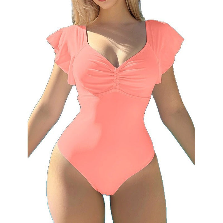 Damen Eleganter Einteiler Badeanzug mit dekorativen Rüschen Drune