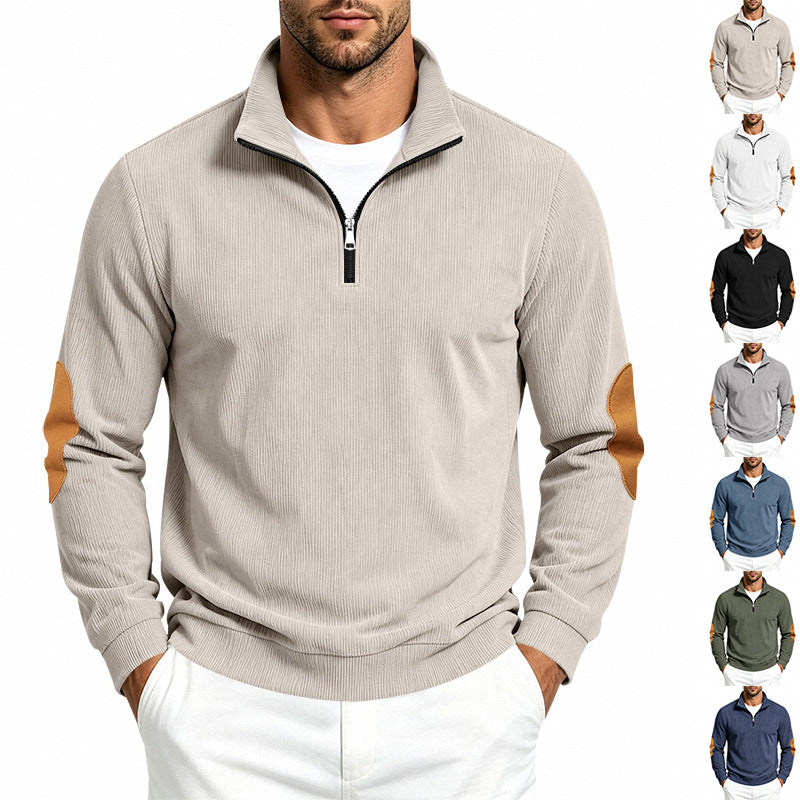 Herren Leichter Struktur-Halbzip-Pullover mit Cord‑Ellbogenpatches und Stehkragen Drune