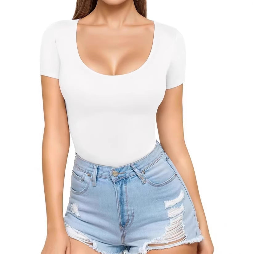 Damen figurbetontes Kurzarm-Body mit rundem Ausschnitt und nahtlosem Design Drune