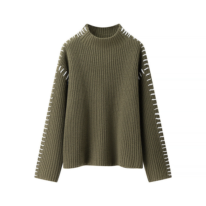 Damen nan grober Strickpullover mit Stehkragen, oversized Schnitt und dekorativer Seitenstich-Ärmelnaht Drune