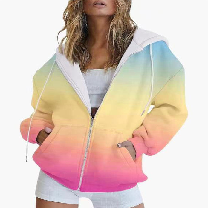 Damen Oversize-Kapuzenjacke mit Farbverlauf, Reißverschluss und Kängurutaschen Drune