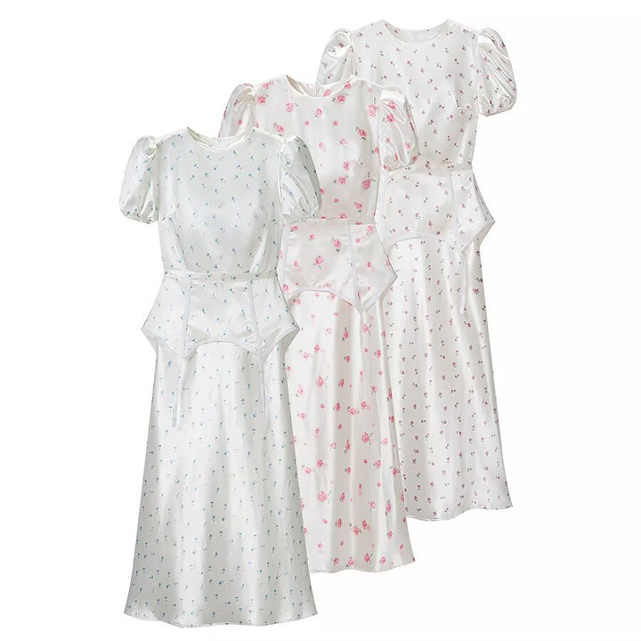 Damen Midikleid aus Satin mit Puffärmeln, integrierter Korsagen-Peplum und zartem Blumenprint Drune
