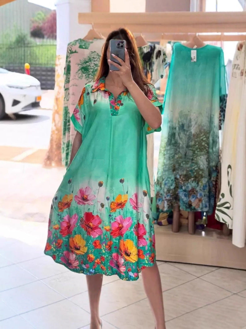 Damen nan leichtes Hemdblusenkleid mit floralem Bordürenprint, offenem V‑Ausschnitt und Einschubtaschen Drune