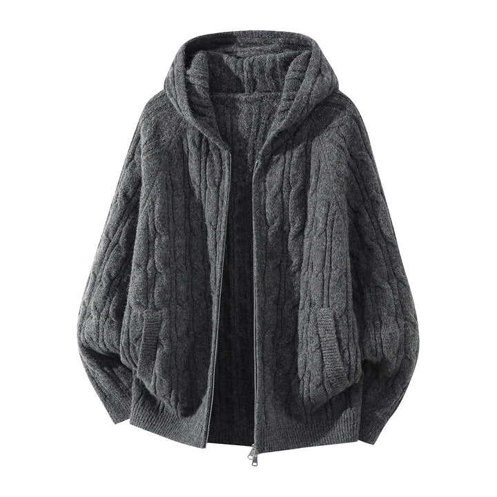Damen Oversize Kapuzen-Strickjacke mit Zopfmuster und teilbarem Reißverschluss Drune