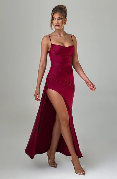 Damen Elegantes Maxikleid mit seitlichem Schlitz und schmalen Spaghettiträgern Drune