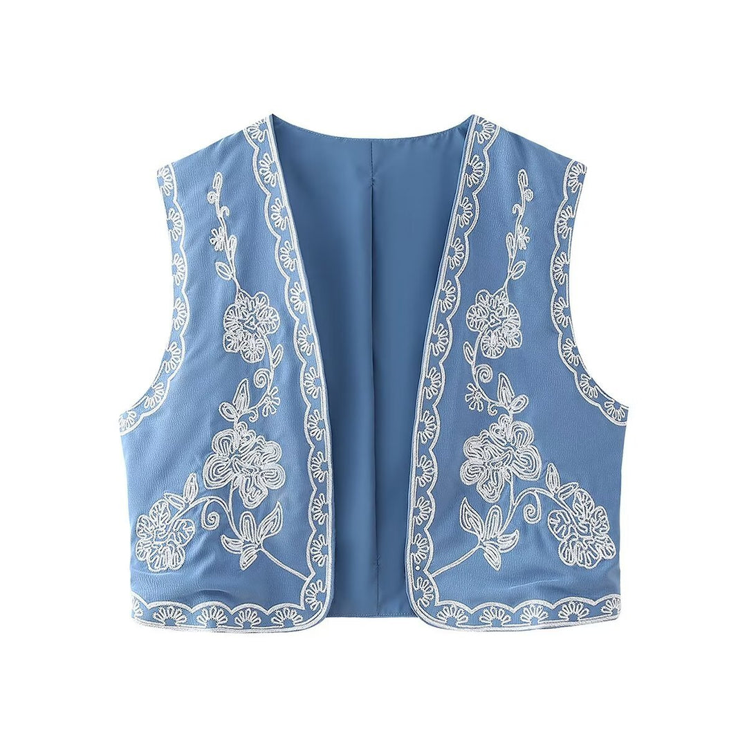Damen nan bestickte Kurz-Weste mit floraler Stickerei, offener Front und feiner Saumverzierung Drune