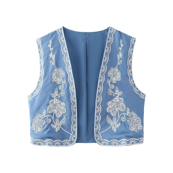Damen nan bestickte Kurz-Weste mit floraler Stickerei, offener Front und feiner Saumverzierung Drune