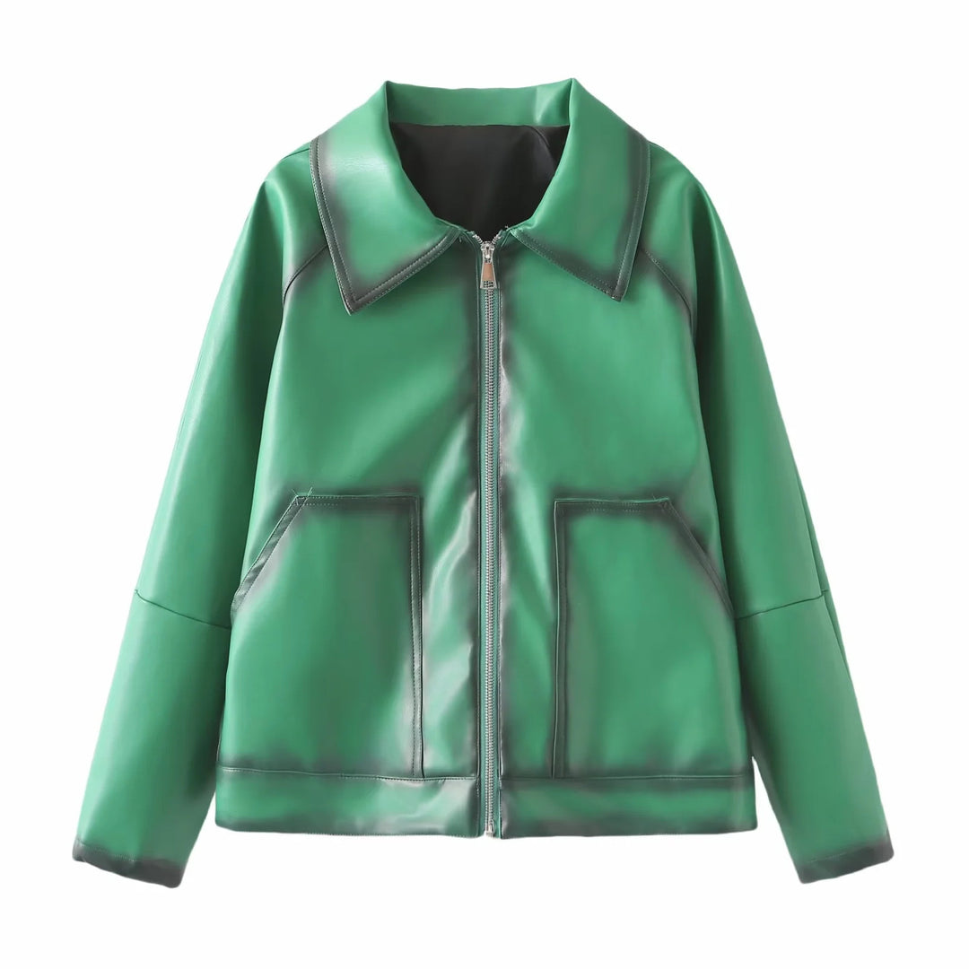 Damen nan boxy Kunstlederblouson mit großem Schalkragen, mittigem Metallreißverschluss und aufgesetzten Fronttaschen Drune