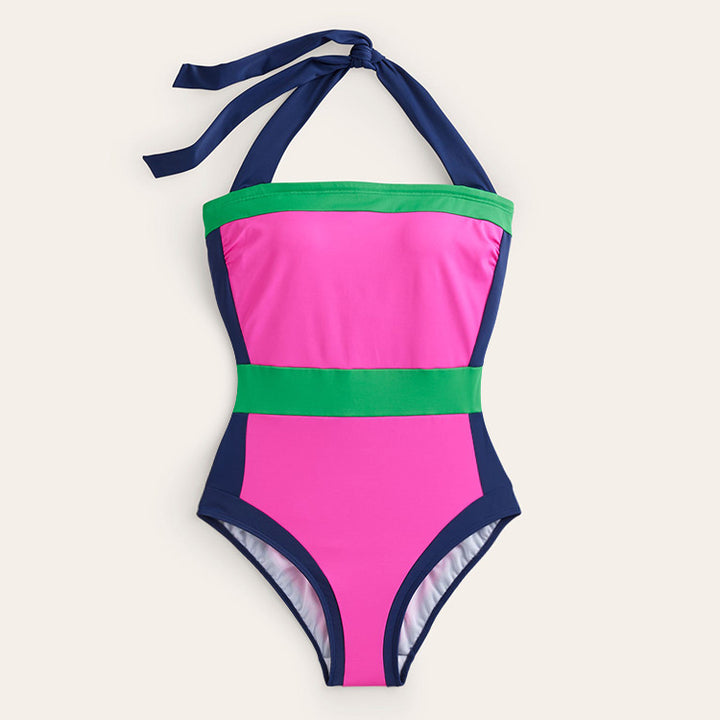 Damen High-Waist Einteiler Badeanzug mit modernem Schnitt und verspielten Farbblockelementen Drune