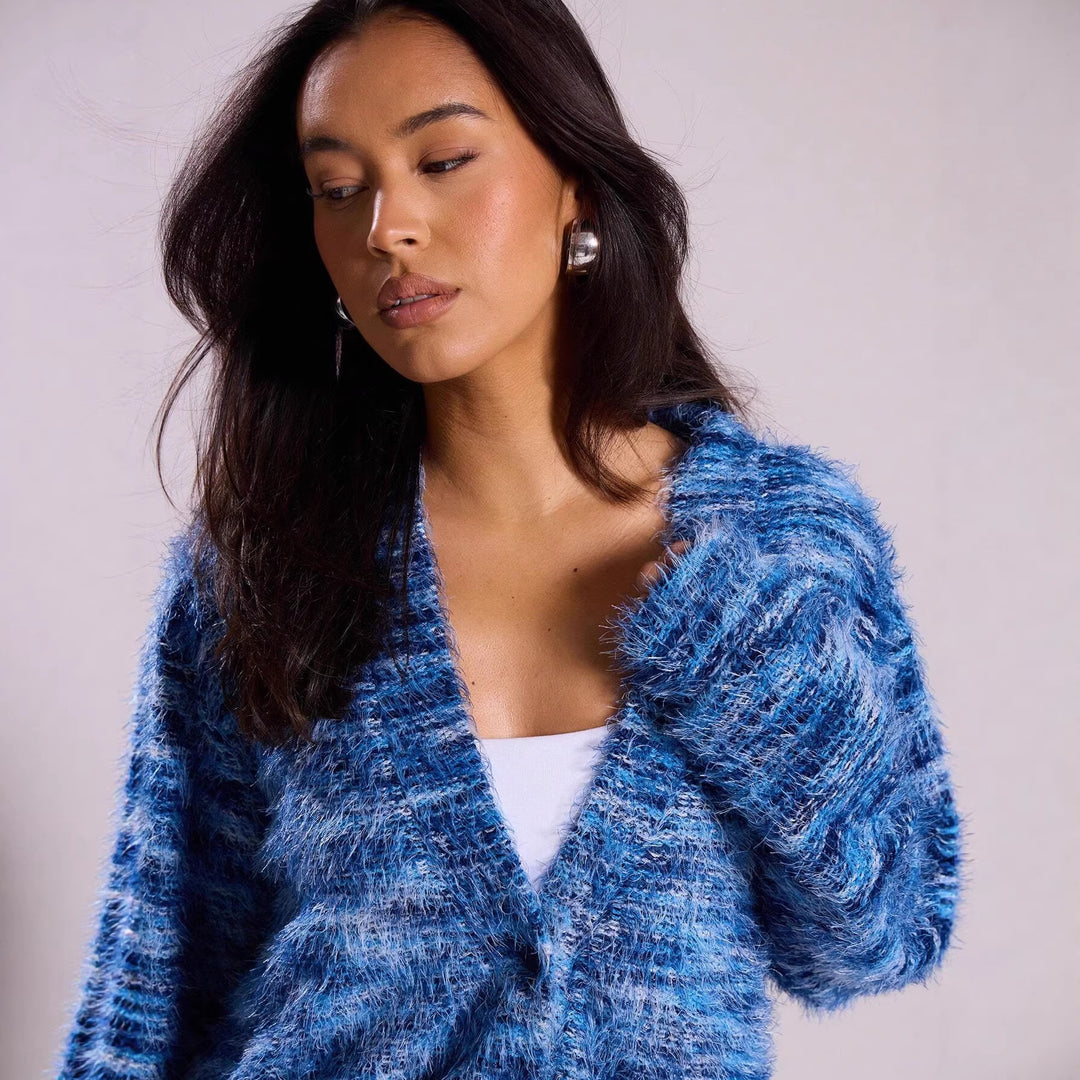 Damen Oversize-Flauschpullover mit weitem Carmen‑Ausschnitt und melierter Strickstruktur Drune