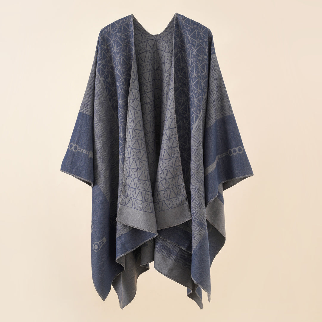 Damen Geometrisches Jacquard-Ruana-Cape aus Wollmix mit offener Kimono-Silhouette Drune