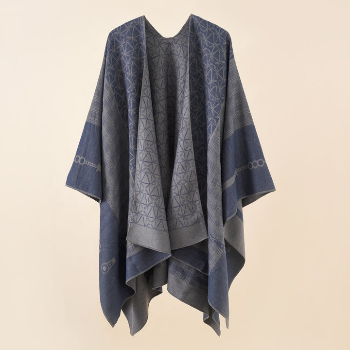 Damen Geometrisches Jacquard-Ruana-Cape aus Wollmix mit offener Kimono-Silhouette Drune