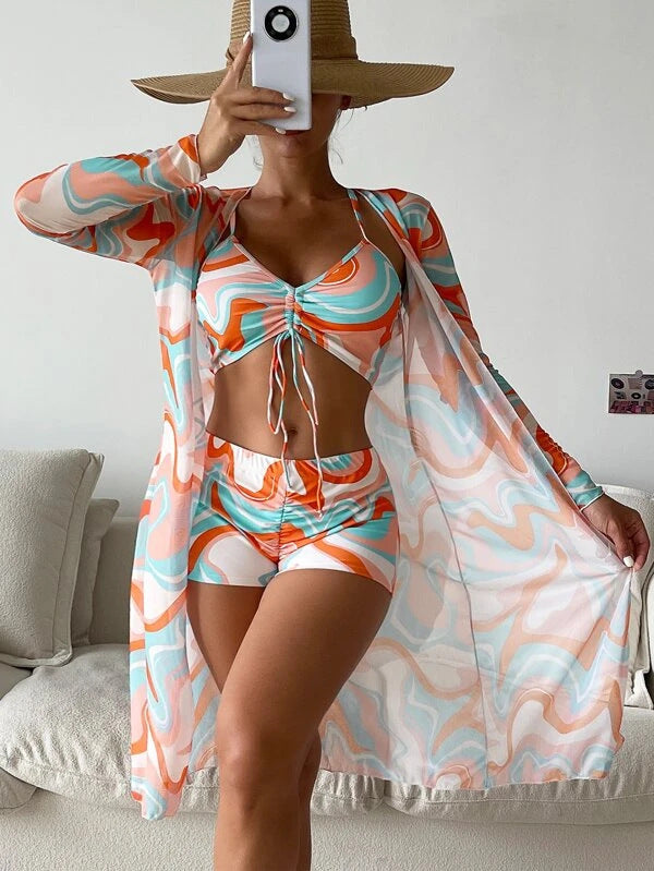 Damen Strandset mit floralem Kimono und Crop-Top Drune