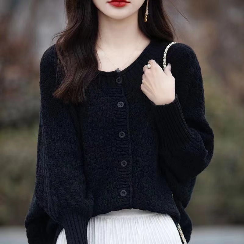 Damen lässiger Strickpullover mit Struktur und Knopfleiste Drune