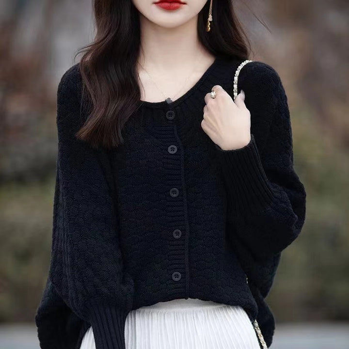 Damen lässiger Strickpullover mit Struktur und Knopfleiste Drune