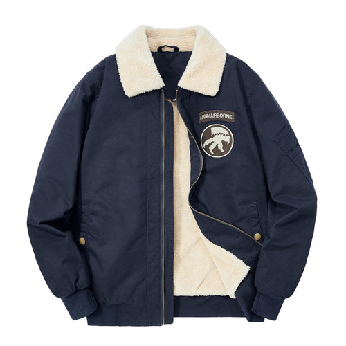 Herren Sherpa-gefütterte Canvas-Pilotenjacke mit wärmender Teddy-Innenlage, Sherpa-Kragen und Ärmel-Utilitytasche Drune