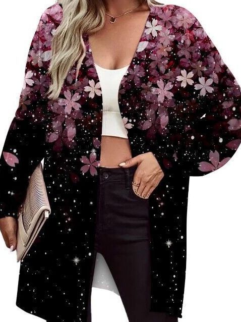 Damen Leichter Offener Longcardigan mit Federmotiv und Oversize-Ärmeln Drune