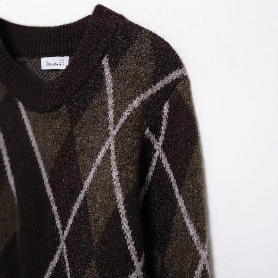 Damen lässiger Pullover mit Rautenmuster und Rundhalsausschnitt Drune