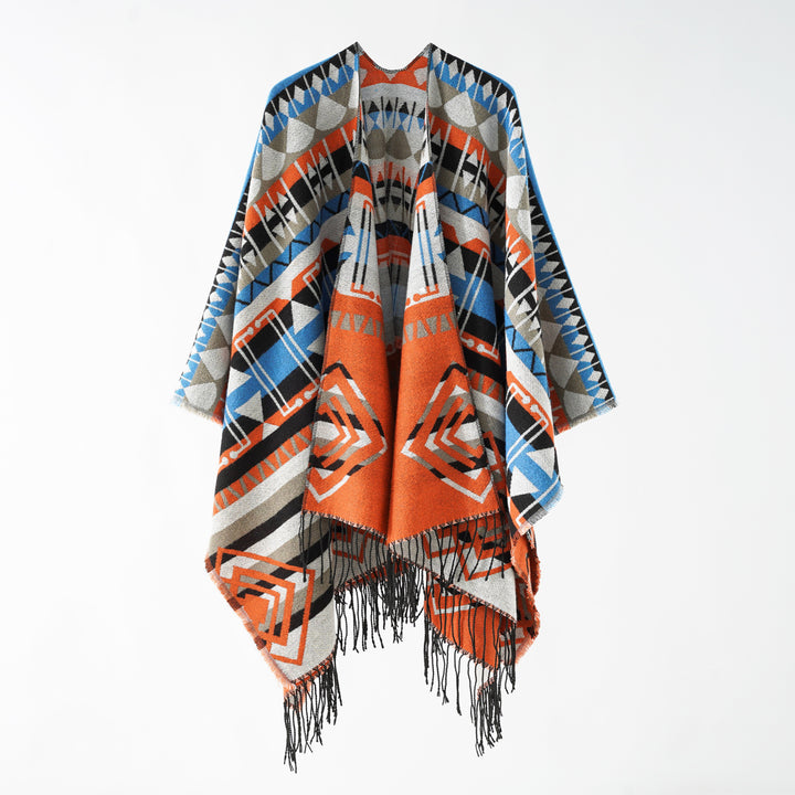 Damen Gewebter Fransenponcho mit Ethno-Jacquard und Oversize-Fall Drune