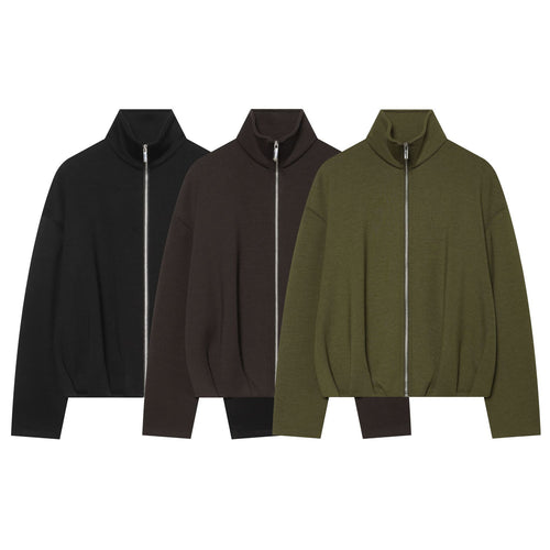 Damen Cropped‑Sweatjacke mit hohem Stehkragen, durchgehendem Reißverschluss und taillierter Tunnelzugsaum Drune