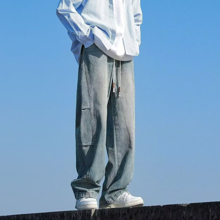 Herren lässige High-Waist Jeans mit weitem Schnitt und Kordelzug Drune