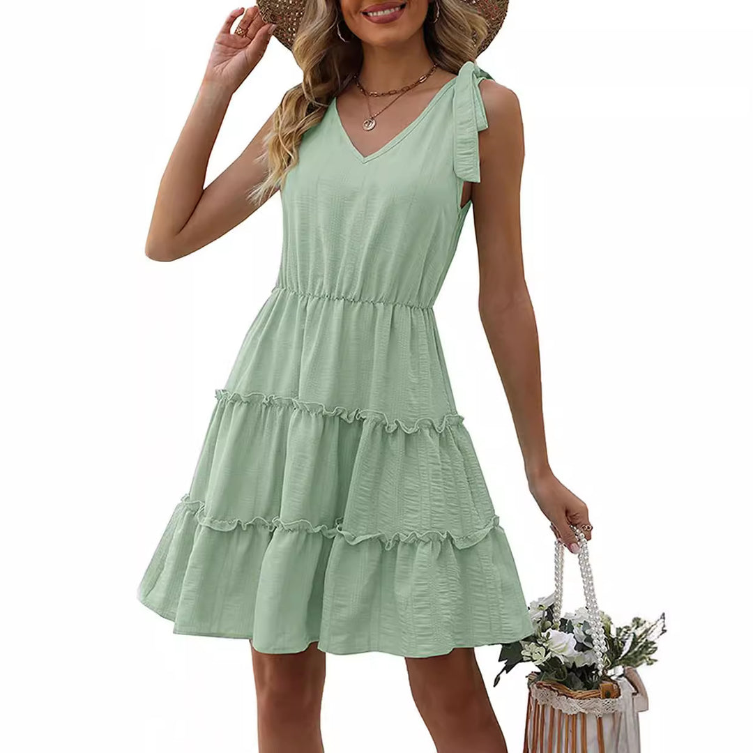 Damen ärmelloses Sommerkleid mit Rüschen und V-Ausschnitt Drune