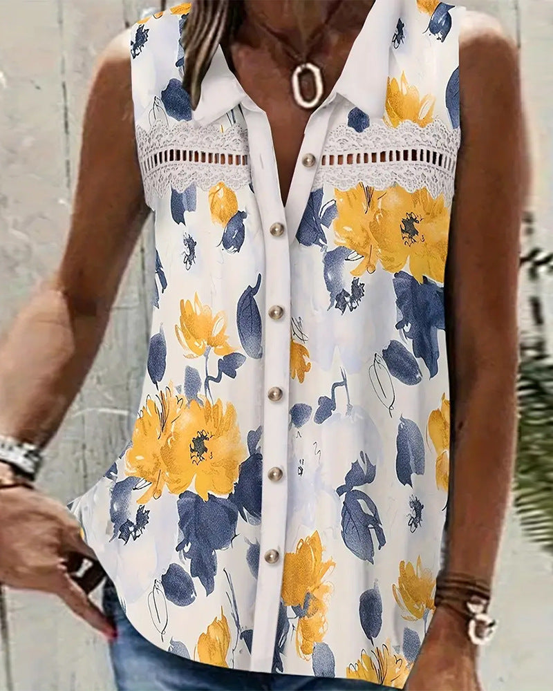 Damen nan Seidenimitat-Buttondown-Top mit Spitzenpasse und Perlenknopfleiste Drune