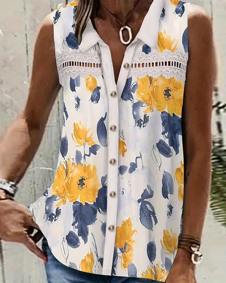 Damen nan Seidenimitat-Buttondown-Top mit Spitzenpasse und Perlenknopfleiste Drune