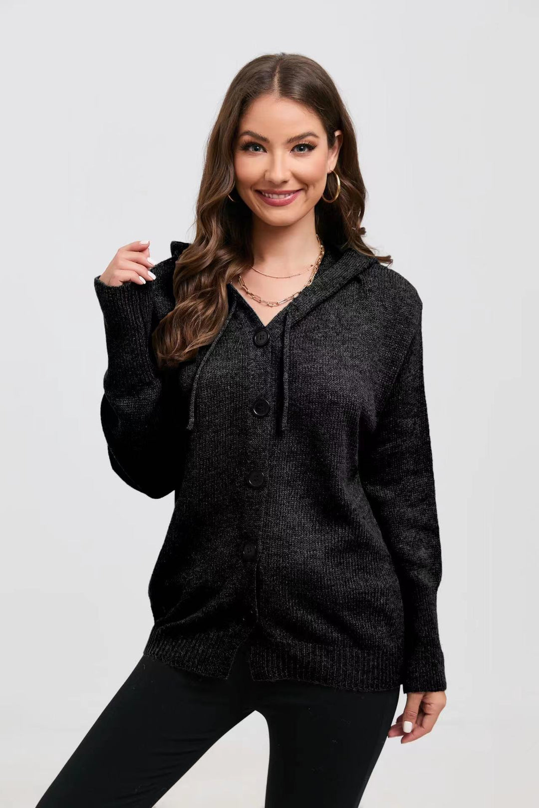 Damen Kuschelige Kapuzenjacke mit großen Knöpfen und lässigem Schnitt Drune