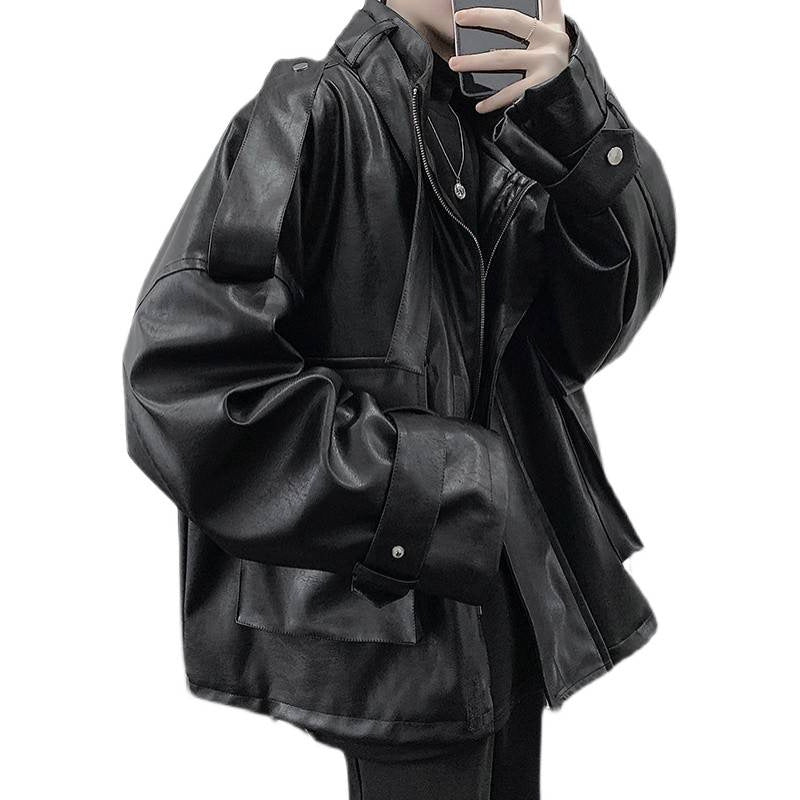 Herren Weitgeschnittene Kunstlederjacke mit Kapuze, Utility-Taschen und verstellbaren Manschetten Drune